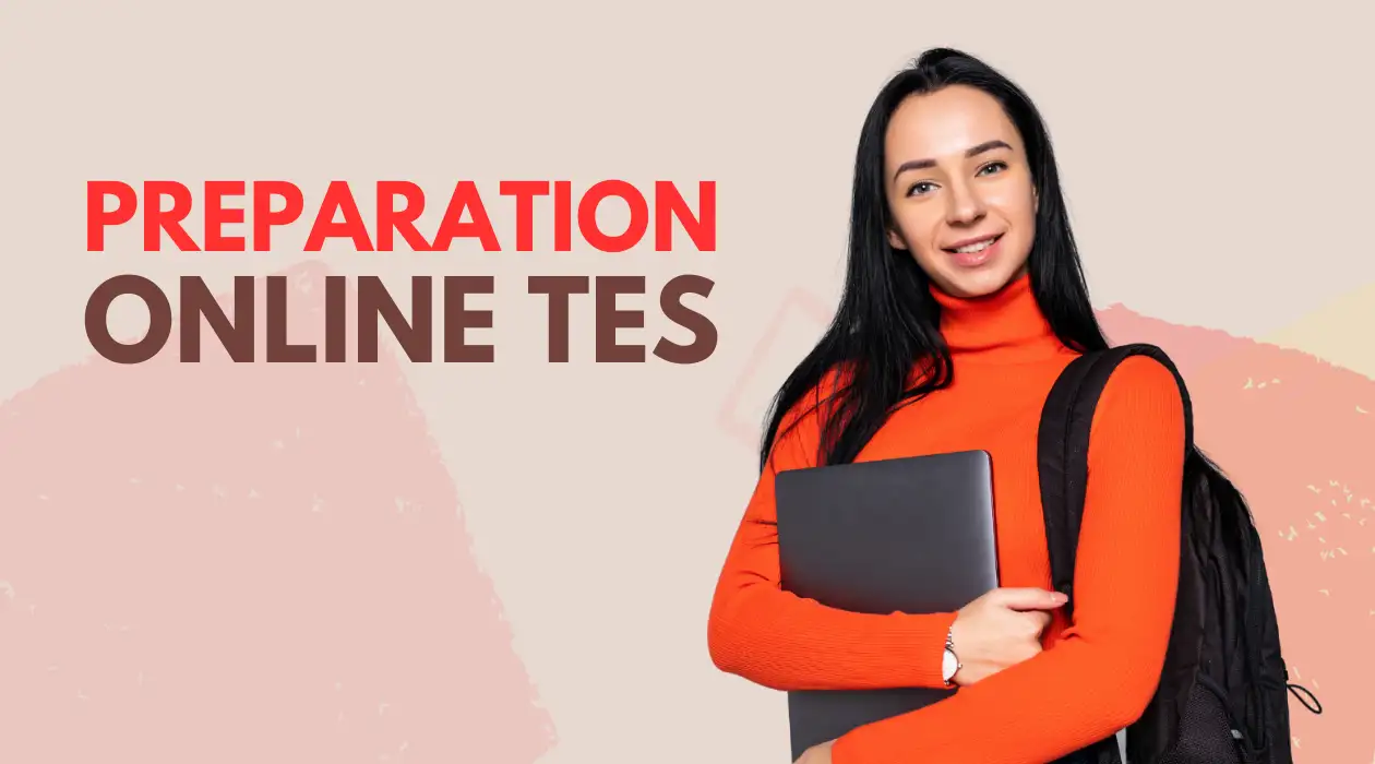 Smiling woman with backpack holding a laptop, with text "PREPARATION ONLINE TES" on a pink and beige background.