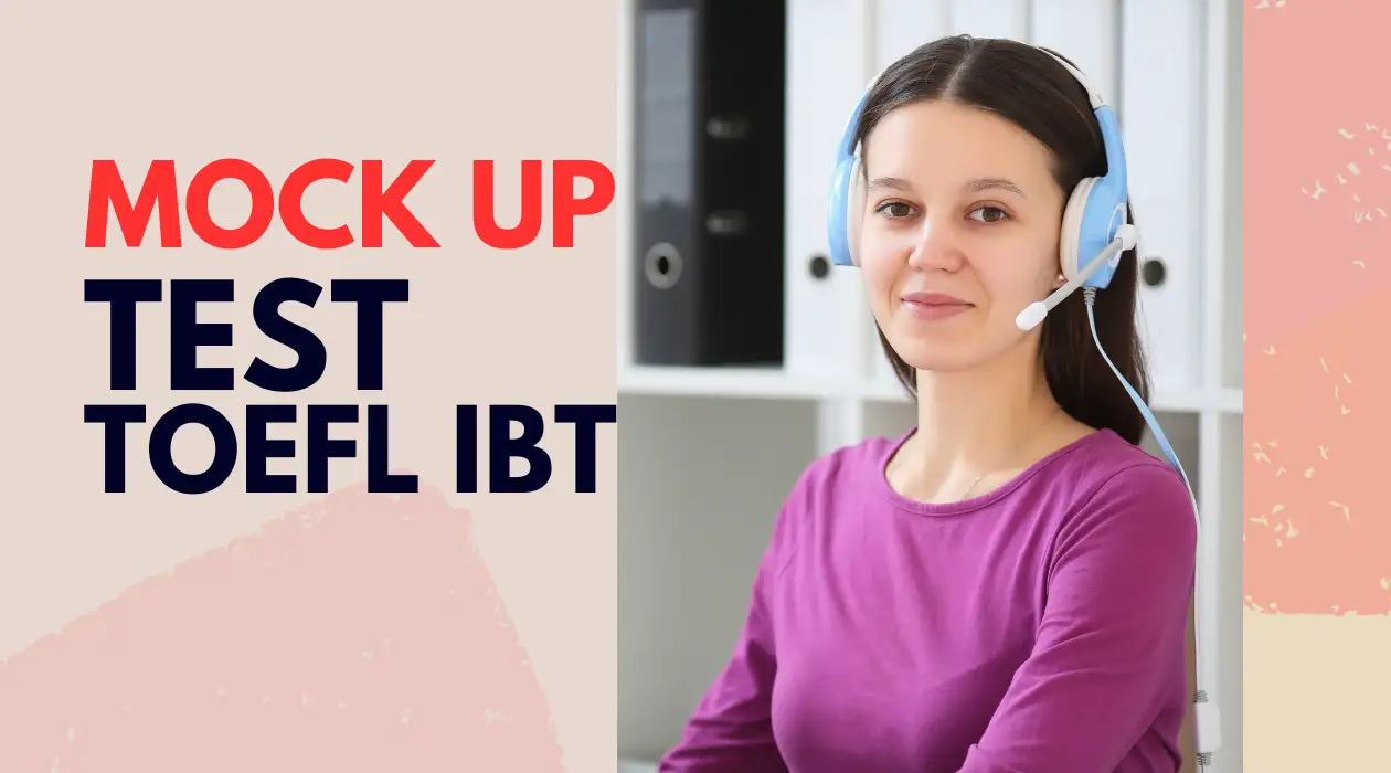 Woman with headset against a mockup for TOEFL iBT test advertising.