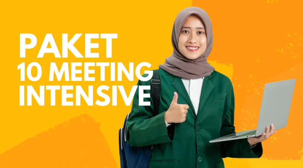 Smiling woman in hijab holding laptop with thumbs up, text "PAKET 10 MEETING INTENSIVE" on orange background.
