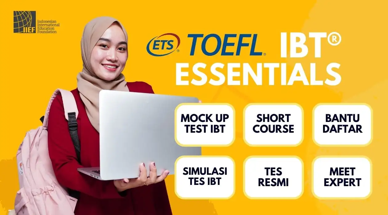 Woman with laptop and backpack, TOEFL Essentials advertisement with text and logos.