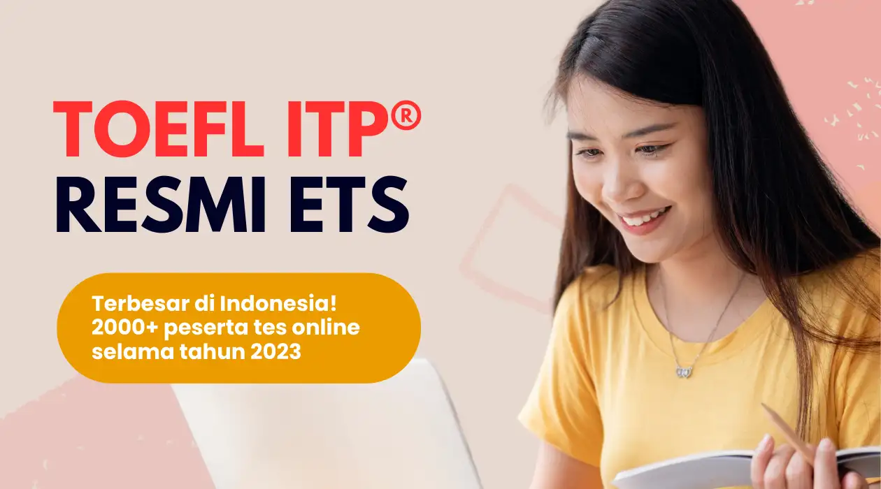 A smiling woman studying beside TOEFL ITP® promotional text in Indonesian.
