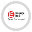 Logo of Language Center with motto "Drives Your Success" on a grey dotted background.